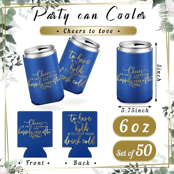 Qinyoung 50 Pieces Blue Wedding Can Cooler Bulk Engagement Party Favors for Guests Cheers to Love and Happily Ever After Rehearsal Dinner Decorations for Wedding Bridal