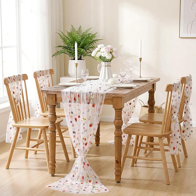 White Floral Table Runner Sheer Embroidery 120 Inches Long Tulle Table Overlay for Boho Wedding Birthday Party Spring Dining Table Decor