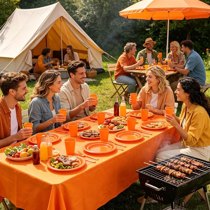 Orange Plastic Plates for Party,30 Guest Disposable Orange Party Supplies Including Dinner&Dessert Plate,12oz Cups,Cutlery,Napkins & Tablecloth Dinnerware Decorations for Birthday Fall Parties Wedding