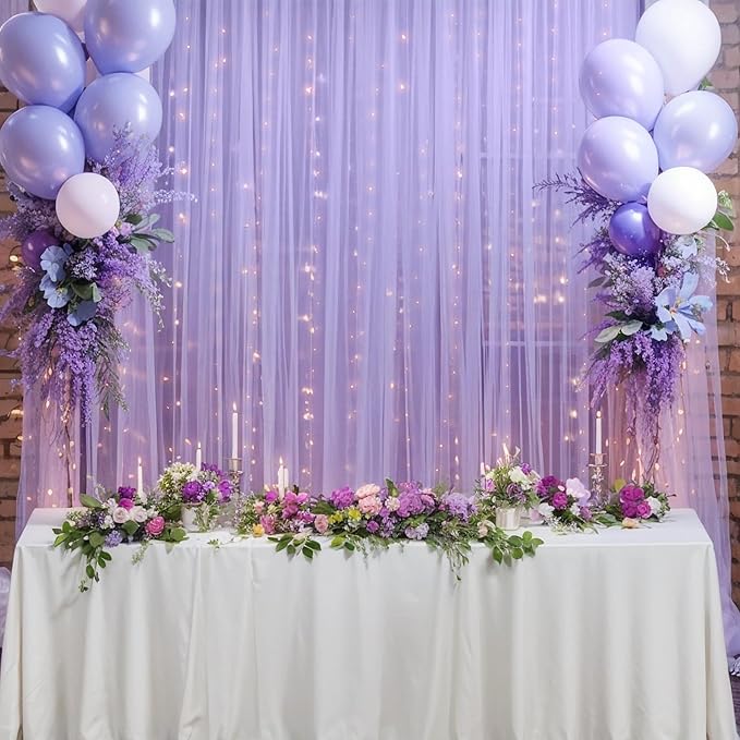 10x10ft Purple Tulle Backdrop Curtain with Lights String for Parites, Sheer Photo Backdrop Curtains for Wedding Baby Shower Birthday Party Photo Shoot Decorations