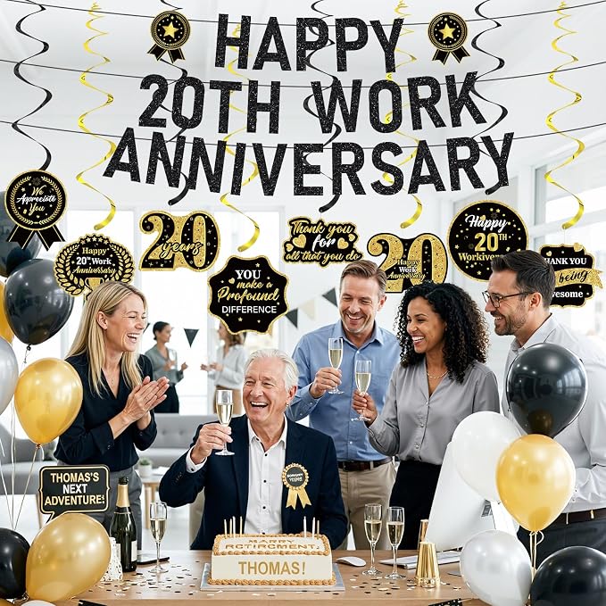 11pcs 20 Year Work Anniversary Decorations Black Gold Happy 20th Work Anniversary Banner Hanging Swirls Employee Appreciation Decorations Supplies 20 Year Workiversary Gifts for Employee Worker