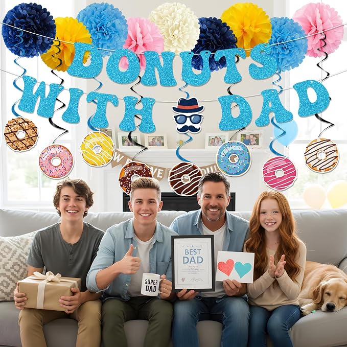 Fathers Day Party Decorations - 19PCS Donuts with Dad Banners Hanging Swirls Paper Pompoms Party Decor, Happy Father's Day Donut Themed Holiday Supplies