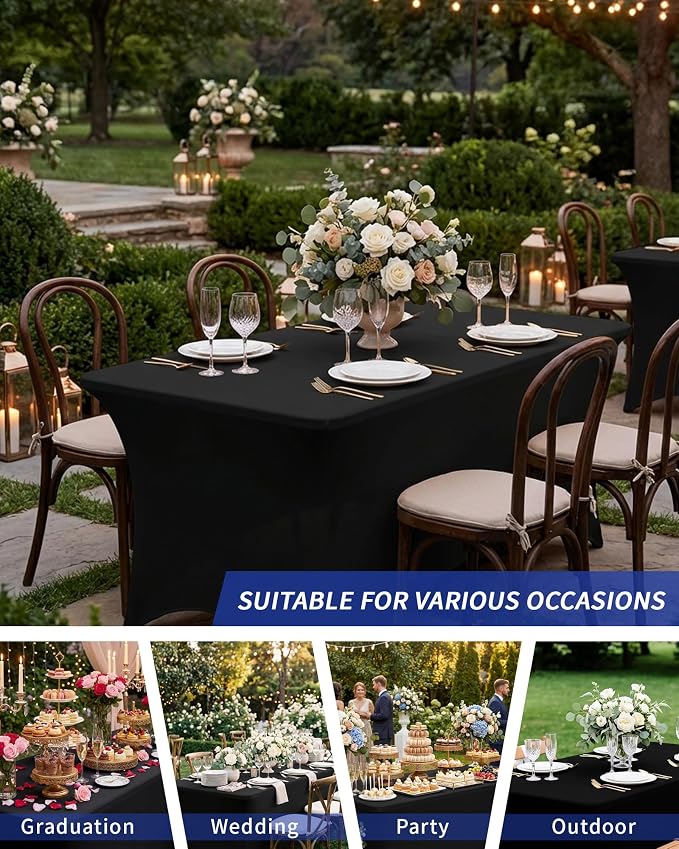 Fixwal Black Stretch Table Cloth Rectangle 8 Pack 6Ft, Spandex Fitted Table Covers Washable for Party, Trade Show, Banquet, Wedding, Buffet