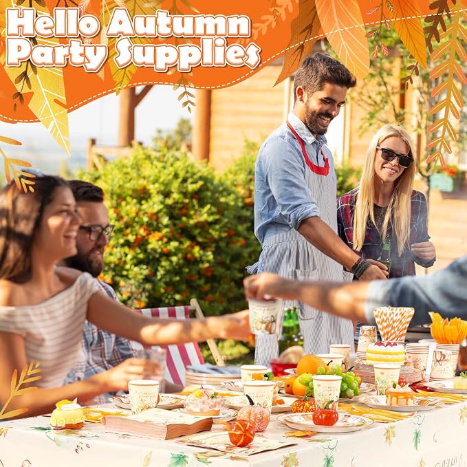 Funnymoom 452 Pcs Hello Pumpkin Thanksgiving Fall Party Supplies for 50, Thanksgiving Pumpkins Paper Plates Napkins Cups Tablecloth Cutlery Straws for Autumn Harvest Birthday Baby Shower Decorations