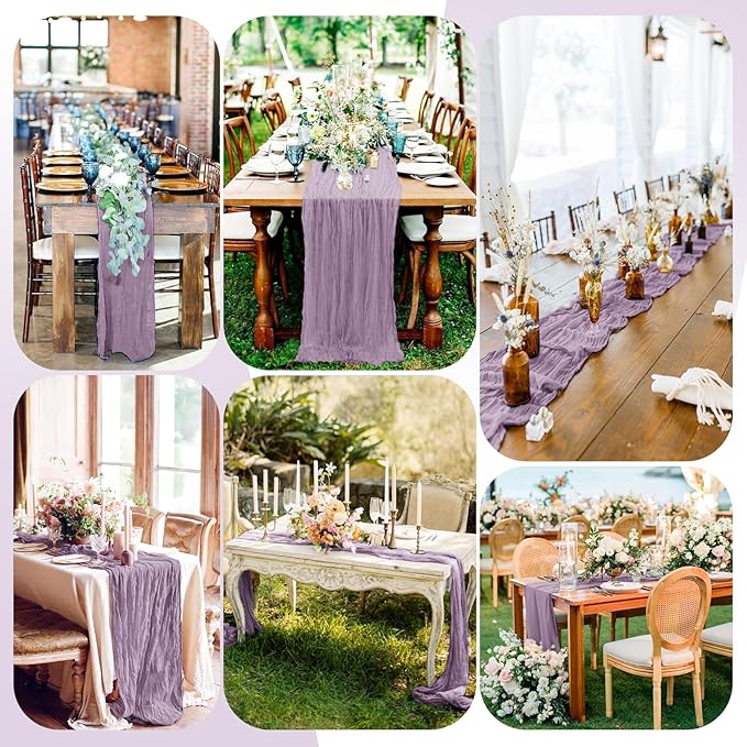 12 Pack Purple Cheesecloth Table Runner, 10FT Violet Amethyst Cheesecloth Rustic Boho Table Runner Long Romantic Semi Sheer Table Runner for Wedding Birthday Bridal Party Decorations(21.5×120 Inch)