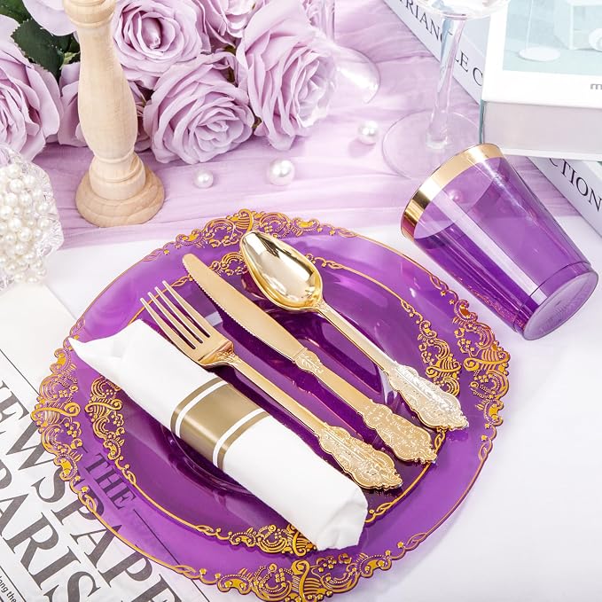 Hioasis 210pcs Purple and Gold Plates - Purple Party Plates for 30 Guest, Include 60 Heavy-duty Plates(20% Thicker Than Standard), 30 Pre Rolled gold Plastic goldware Set, 30 Cups & Party
