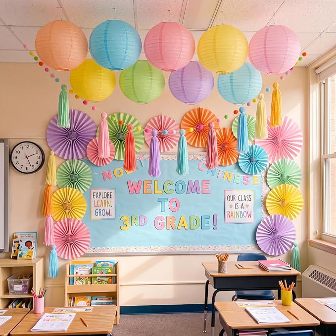 Feifeiya 20 Pcs Pastel Party Decorations for Classroom include 9 Hanging Paper Lanterns 9 Paper Fans 2 Pastel Rainbow Tassel Garland for Classroom Home Decor Birthday Baby Shower Wedding Supplies