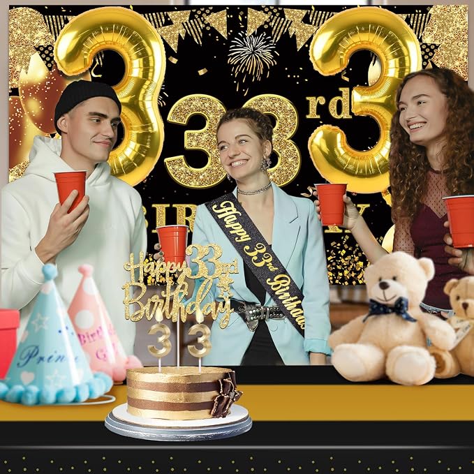 33rd Birthday Decorations Men Women with 33rd Birthday Banner, Black and Gold Table Cloth, Number Balloons, Large Sash, Cake Topper and Candles
