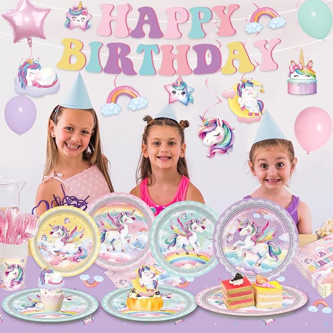 210pcs Unicorn Birthday Party Supplies Plates Napkins Unicorn Party Decorations Include Paper Plates Napkins Cup Cutlery Balloon Hanging Swirl Tablecloth Tableware for Girl Birthday Decor Serve 24