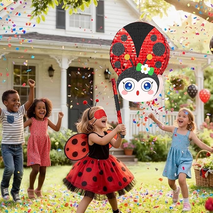 WERNNSAI Ladybug Piñata – Red Ladybug Party Piñata for Kids Birthday Games Garden Theme Parties Insect Theme Classroom Activities baby shower supplies with Blindfold and Stick