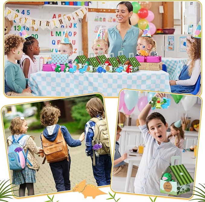 Spakon 72 Pcs Adopt a Dinosaur Party Favors for Boys and Girls Includes 12 Sets Mini Dinosaur Stuffed Animals Plush Keychains Gift Box House Stickers for Birthday Party Favor