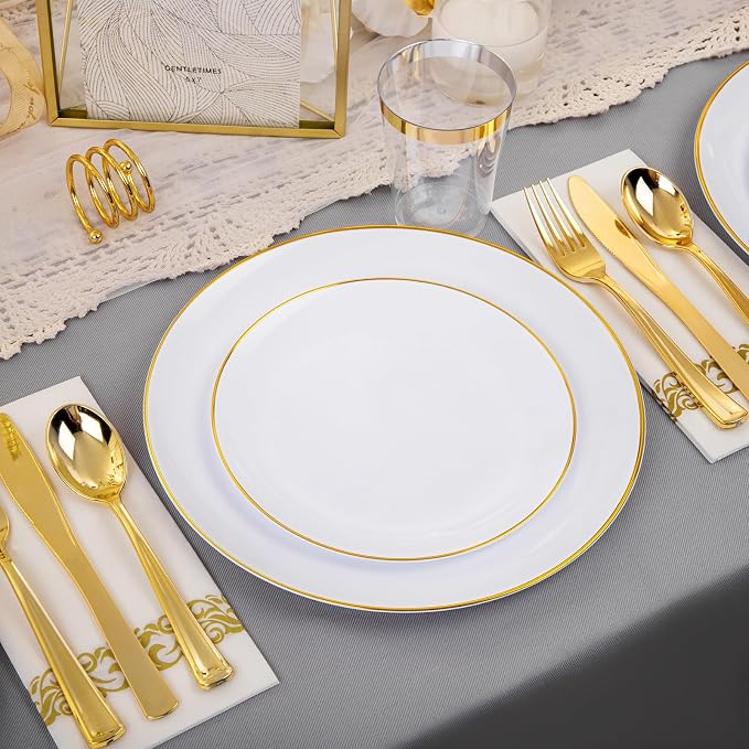 Supernal 350Pcs Elegant White and Gold Plastic Dinnerware Set for Wedding | Heavy duty disposable plates with gold plastic silverware, cups, and napkins. Premium tableware pack serves 50 guests.