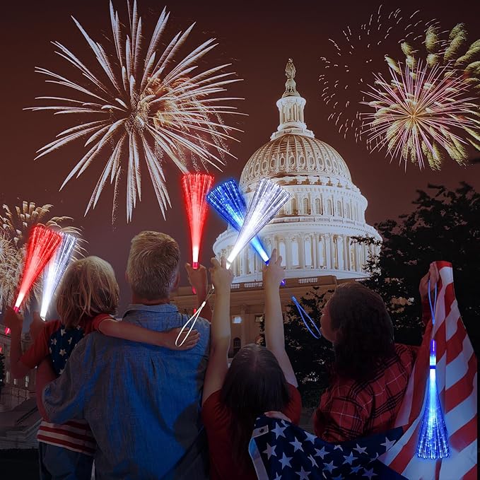72 Pack Red Blue White Fiber Optic Wands Glow Fiber Wands Bulk LED Light Up Wands with 3 Flashing Modes LED Flashing Sticks for July 4th Halloween Christmas Hawaii Carnival Wedding Birthday