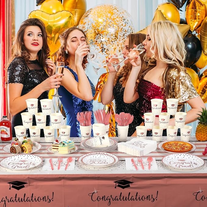 175pcs Class of 2026 Graduation Plates and Napkins Set, Disposable Paper Plate Set Polka Dots Napkin Cups Knife Fork Spoon for Graduation Party Decorations and Supplies,Serve 25(White Rosegold)