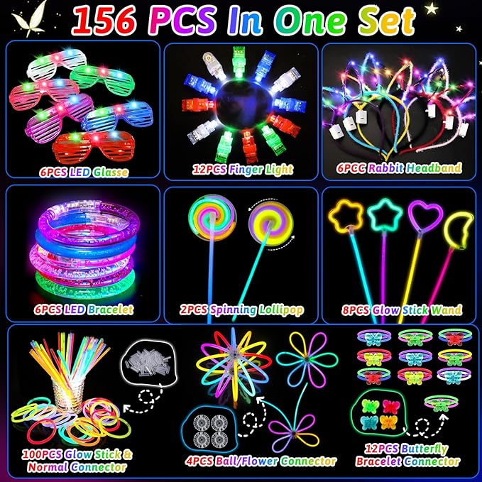 156Pcs Glow In The Dark Party Supplies for Kids/Adults, 4th of July Light Up Accessories LED Bracelet Necklaces Glasses Headband Glow Sticks Bulk Party Pack Neon Disco Birthday Pool Party Decorations