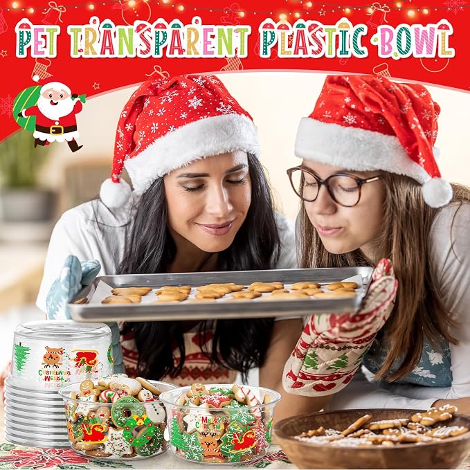 SiliFine 100 Pcs Christmas Plastic Bowls Bulk 12 oz Disposable Xmas Snack Bowls Clear Santa Cups for Christmas Party Serving, Salads, Fruit, Desserts, Parfaits, Snacks, Special Events