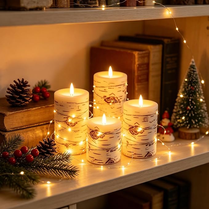 Da by 3 Pack Birch Bark Real Wax Flameless Candles, Flickering LED Taper Candles with Copper String Lights, Battery Operated Candles with Remote for Farmhouse Wedding Home Decor