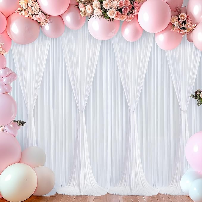 White Backdrop Curtains 4 Panels, 10 Feet Wrinkle-Free Polyester Photography Backdrop Drapes for Wedding Baby Shower Party Background Backdrop Stand- 16 X10FT (White)
