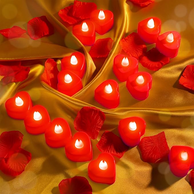 Coume 6000 Pcs Artificial Rose Petals with 120 Pcs Heart LED Tea Lights Candles Kit Rose Petals Candles Set for Romantic Night Anniversary Proposal Wedding Date Hotel(Red Light)