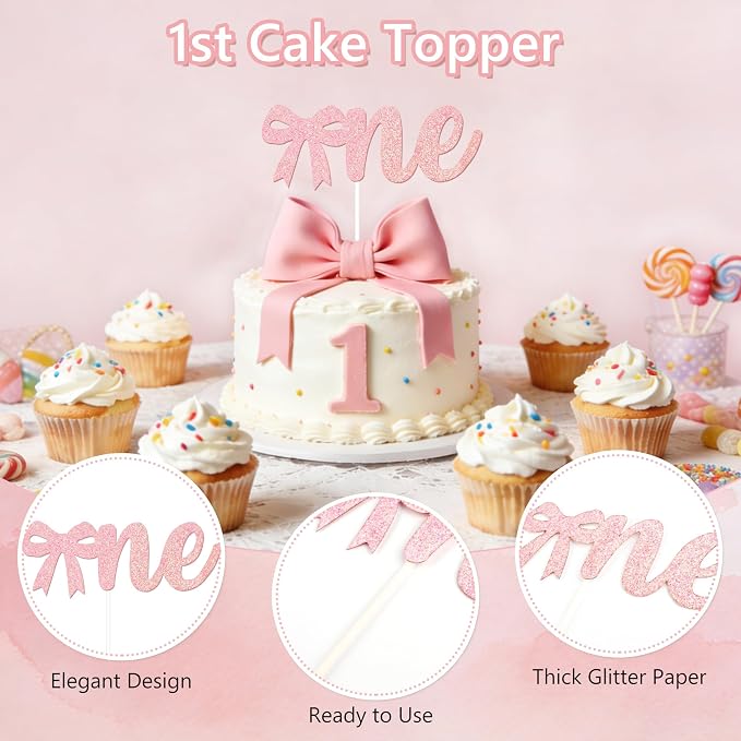 THAWAY 1st Birthday Decorations Girl - Pink First Birthday Decorations for Girl with One High chair banner, Felt Banner, Hat and Glitter Cake Topper for Baby Girl Birthday Photoshoot Props