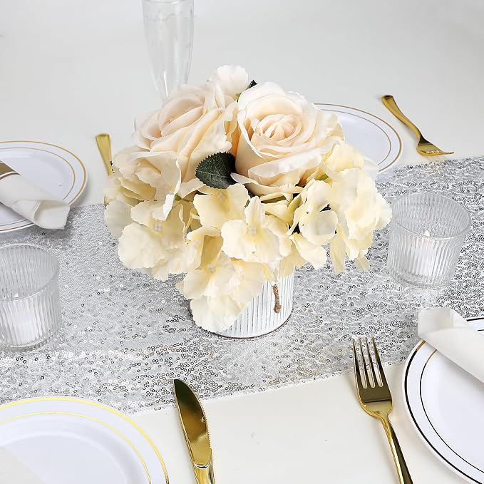 Flower Table Centerpieces - Set of 6 Floral Arrangement Artificial Wedding Hydrangeas Floral Arrangement with Rustic Metal Vase for Bridal Tea Party Event Decorations - Champagne