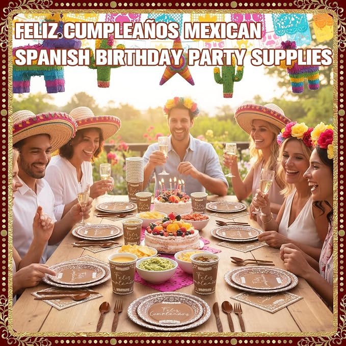 168 Pcs Mexican Birthday Tableware Set for 24 Cielito Lindo Birthday Party Plates and Napkins Brown Talavera Floral Party Supplies Papel Picado Paper Plates Cinco De Mayo Supplies