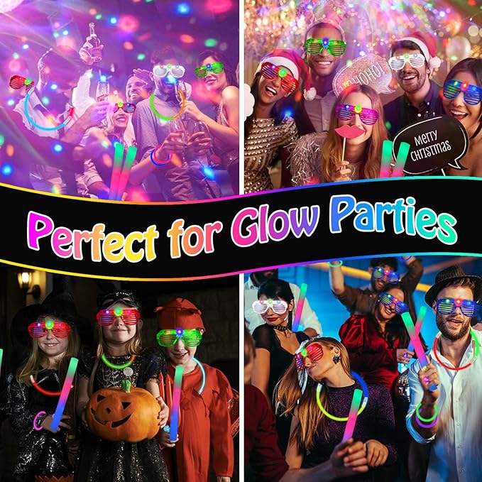 248PCS Glow in the Dark Party Supplies, Party Pack Bulk , 16PCS Foam Glow Sticks & LED Glasses, 16PCS LED Light Up Rings and 200PCS Glow Sticks for Neon Party Decorations, halloween party favors