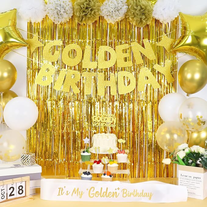 Golden Birthday Party Decorations, 40PCS Gold Decorations Include It's My Golden Birthday Sash Banner Balloons Foil Fringe Curtain Paper Pompoms, Gold Party Supplies for Women Girls Men