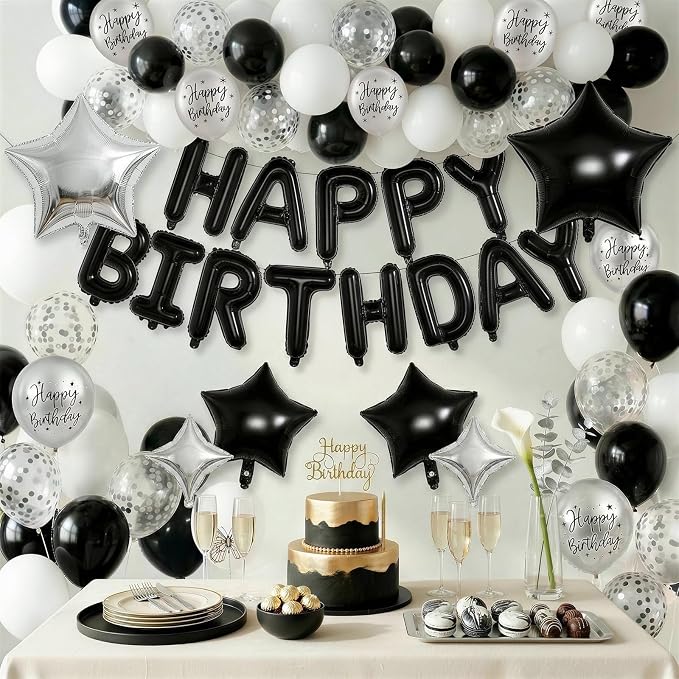 Black and Silver Birthday Decorations for White Black Silver Metallic Print Party Balloons Confetti Balloon Happy Birthday Banner 18/10 Inch Heart Balloons Star Balloon for Men Bday Party Supplies