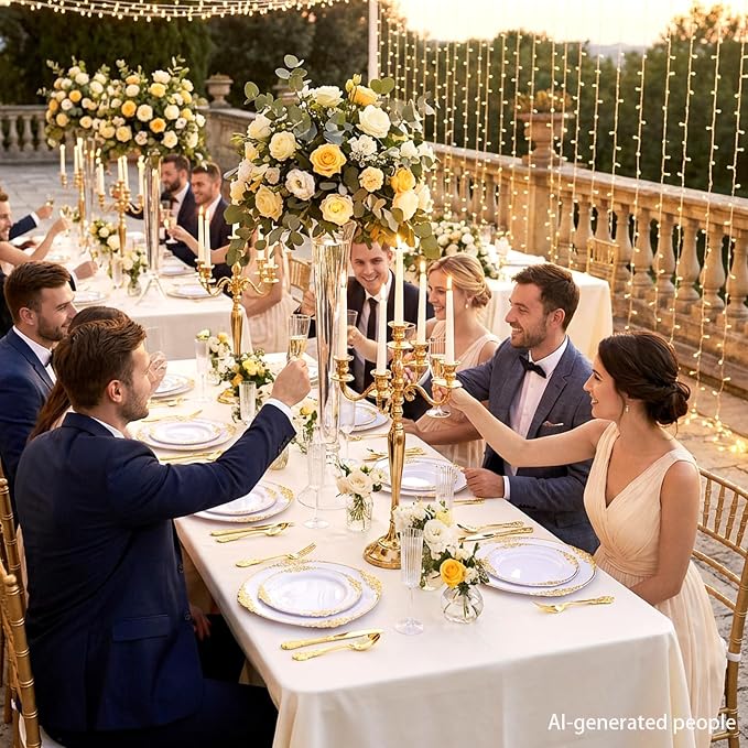 200PCS White and Gold Plastic Plates - Gold Disposable Plates - Gorgeous Wedding Plate 10inch Dinner & 7.25inch Dessert Plate for 100 Guests for Wedding & Party