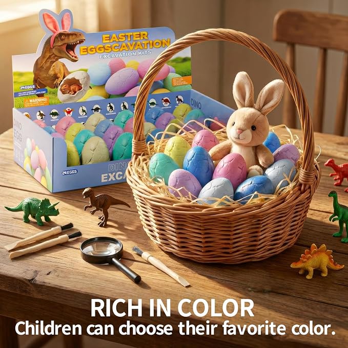 24 Pack Colorful Dinosaur Eggs Excavation Kit with Learning Cards - Dino Dig STEM Science Toy for Kids - Easter Basket Stuffers, Party Favors Birthday Gifts Classroom Activities for Boys Girls Age 3+