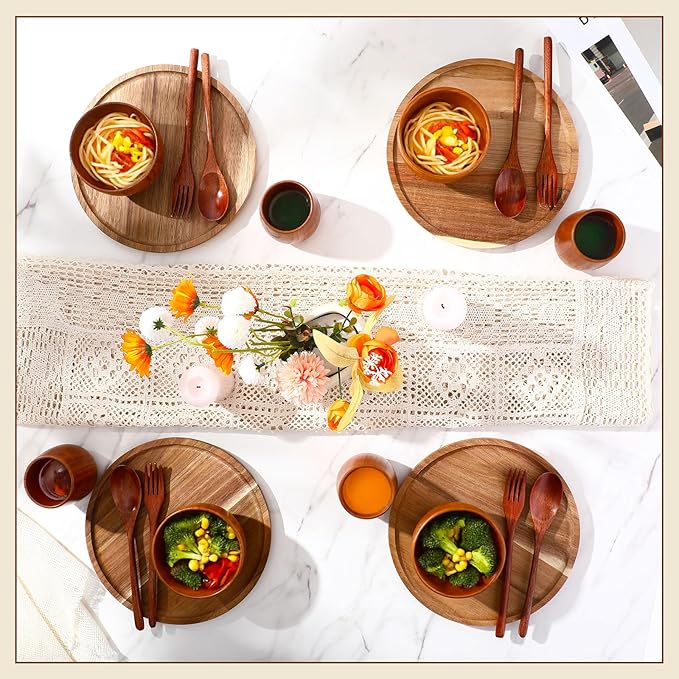 20 Pcs Acacia Wood Dinnerware Set 10 Inch Round Wooden Plates Bowls Tea Cups Fork Spoons Acacia Wood Tableware Supplies Easy Cleaning Lightweight for Dishes Snack Dessert, 4 Set