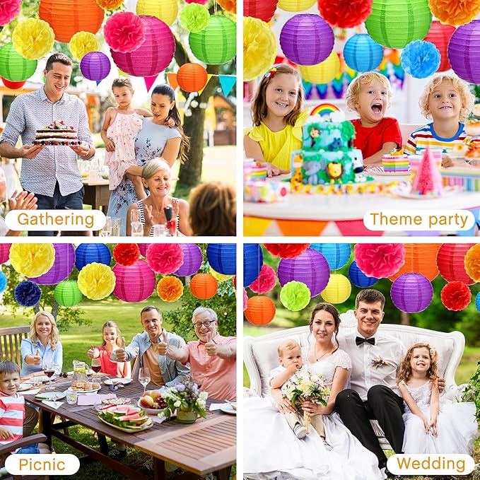 52 Pcs Mexican Fiesta Party Decorations 24 Fiesta Rainbow Tissue Paper Pom Poms 28 Hanging Paper Lanterns for Black History Festival, Cinco De Mayo Rainbow Parties Birthday Baby Shower