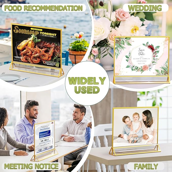 Acrylic Sign Holder 6X4 Gold Frames Double-Sided Gold Picture Frames for Flyer Holder Menu Holder Wedding Table Number Holder Christmas Photo Frame with Removable Sticky Dots -6 Pack