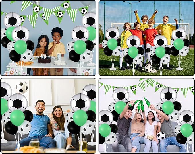 Soccer party Balloons Stand Kit 2 Sets with 2 Soccer Foil Balloons Arch Kit Green White Black Themed Centerpiece for Tables for 2026 World Men Boys Football Game Sports Birthday Party Decorations