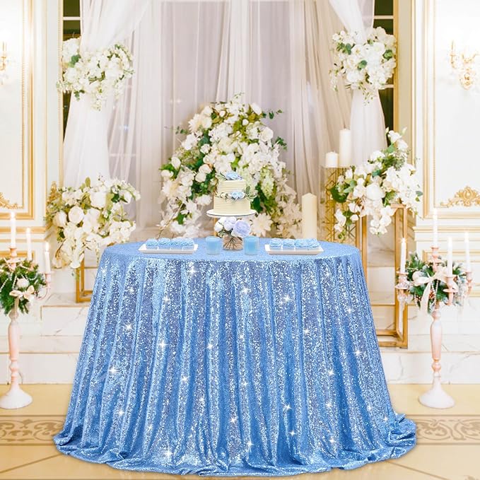 B-COOL Sequin Tablecloth Birthday Party Decor: 120 Inch Round Table Cloth Baby Blue Glitter Fabric Overlay for Indoor Outdoor Dining Parties Home