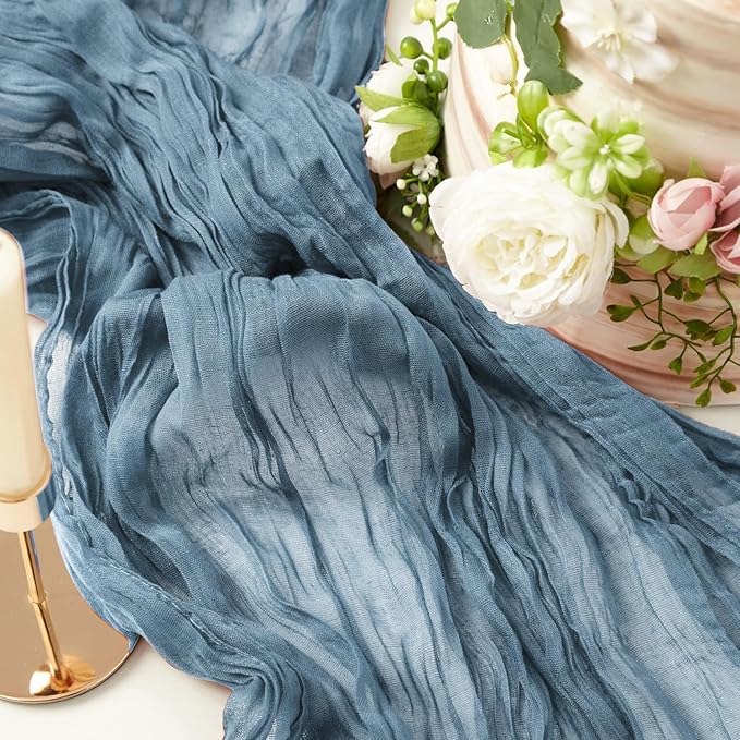 8 Pack 10Ft Dusty Blue Cheesecloth Table Runner 35x120 inch Boho Gauze Cheese Cloths Table Runners Long Wrinkled Sheer Romantic Table Runner for Wedding Bridal Shower Birthday Party Table Decor