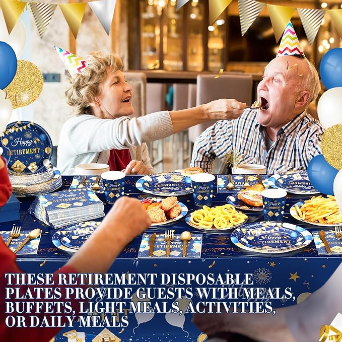 Funnymoom 452 Pcs Retirement Party Decorations Supplies Set Include Blue Gold Retirement Paper Plates Napkins Cups Tablecloth Cutlery Straws for Men Women Say Goodbye Party