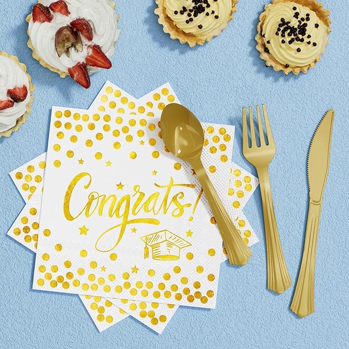 Ecomore 2026 Graduation Party Decoration - 350 PCS White Gold Grad Supplies Disposable Dinnerware (Severs 50) w/Congrats Paper Plates Napkin Cup Plastic Cutlery for College High School Class of 2026