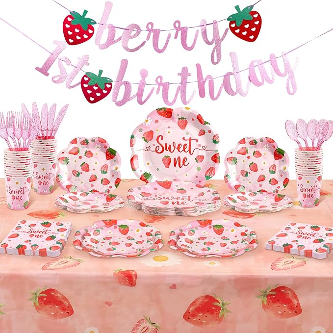 Strawberry First Birthday Decorations for Girl, Strawberry First Birthday Plates Serves 24, Strawberry Plates, Strawberry 1st Birthday Decorations, Berry Sweet One Birthday Party Decorations