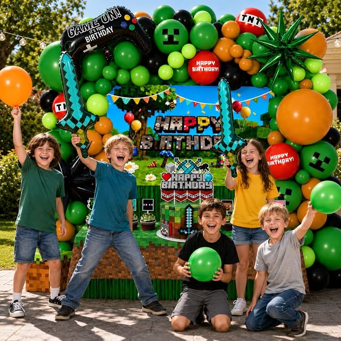 Pixel Game Birthday Party Decorations, “Game On” Pixel Theme Party Supplies Kit for Boys & Girls —131 Pcs Balloons, Backdrop, Curtain, Table Cover, Cake Toppers