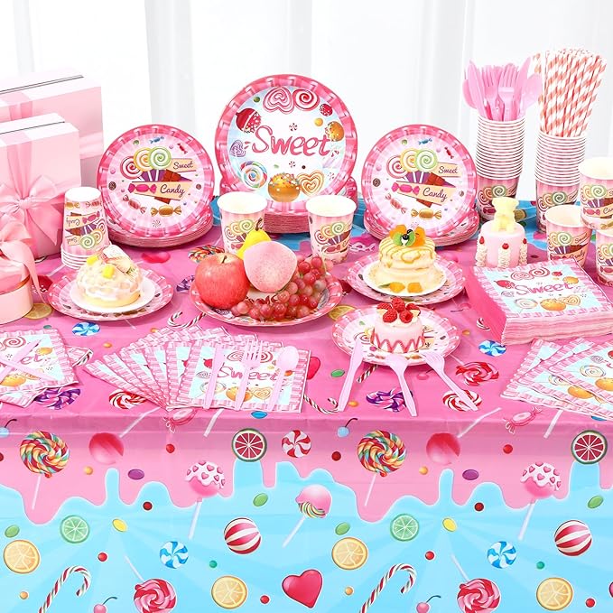 Funnymoom 452 Pcs Candyland Party Decorations Include Candy Paper Plates Napkins Cups Tablecloth Cutlery Straws Candy Birthday Dinnerware Disposable for Birthday Baby Shower Party Supplies