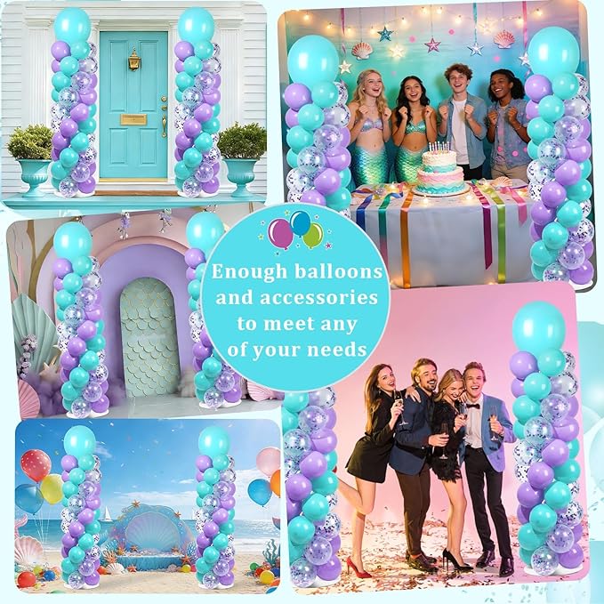 2 Sets Pink Purple Blue Balloon Column Stand Kit with 100 Balloons Adjustable Balloon Tower Stand with Bases for Floor Confetti Balloons Column Kit for Summer Mermaid Graduation Birthday Party Decor