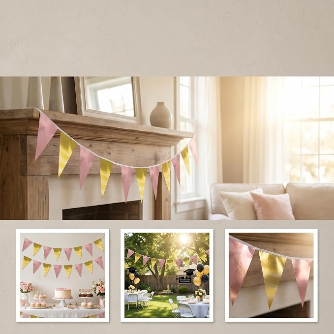 130FT Matte Rosegold LightGold Triangle Pennant Banner Flag Metallic Fabric Bunting Garland for Christmas Graduation Wedding Anniversary Bachelorette Birthday Bridal Shower Valentines Party Supplies