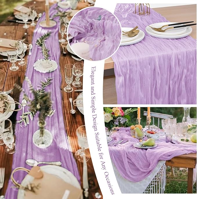 20 Pack Lilac Cheesecloth Table Runner 10FT Long Boho Gauze Fabric Table Runner Vintage Rustic Sheer Runners for Wedding Party Bridal Baby Shower Table Decorations
