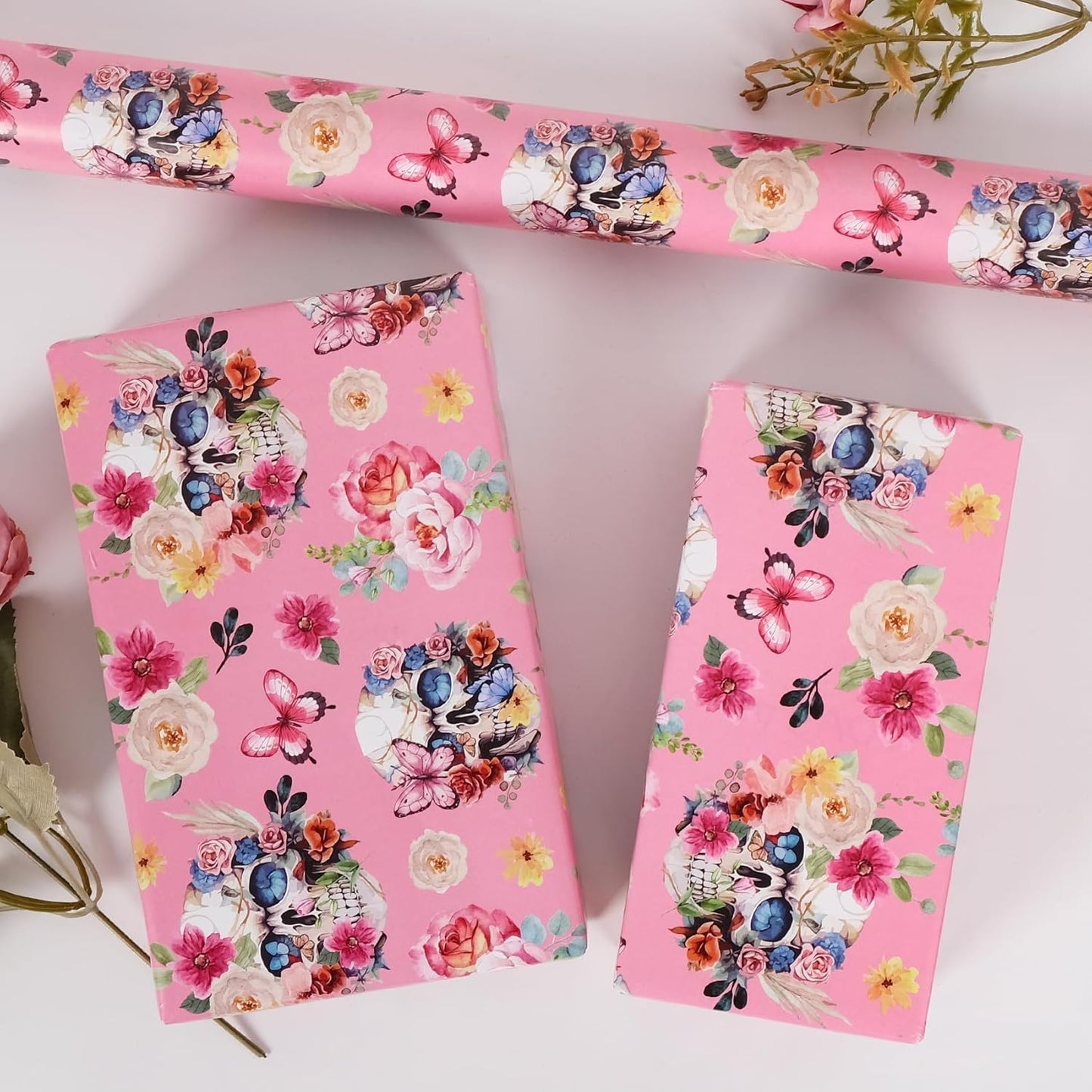 Aimyoo Gothic Wrapping Paper Roll, 17 Inch X 16.5 Feet Skull Floral Butterfly Design Gift Wrap Paper for Mother's Day, Birthday Bridal Shower