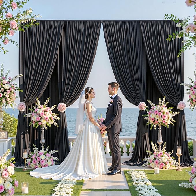 40ftx10ft Wrinkle Free Black Backdrop Curtain for Parties, 8 Panels Silky Polyester Black Photo Backdrop Drapes Back Drop Cloth Draping Fabric for Birthday Wedding Graduation Photography Background
