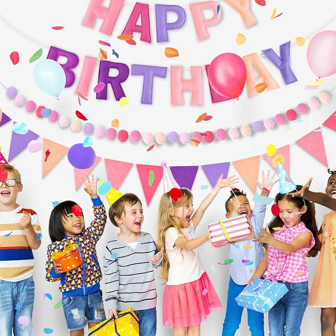 CANREVEL Pre-Strung 3D Rainbow Happy Birthday Banner, 3 PCS Happy Birthday Felt Sign, Pom Pom Garland, Triangle Fabric Bunting, Colorful Reusable Birthday Decorations for Women Men Girls Boys, Purple