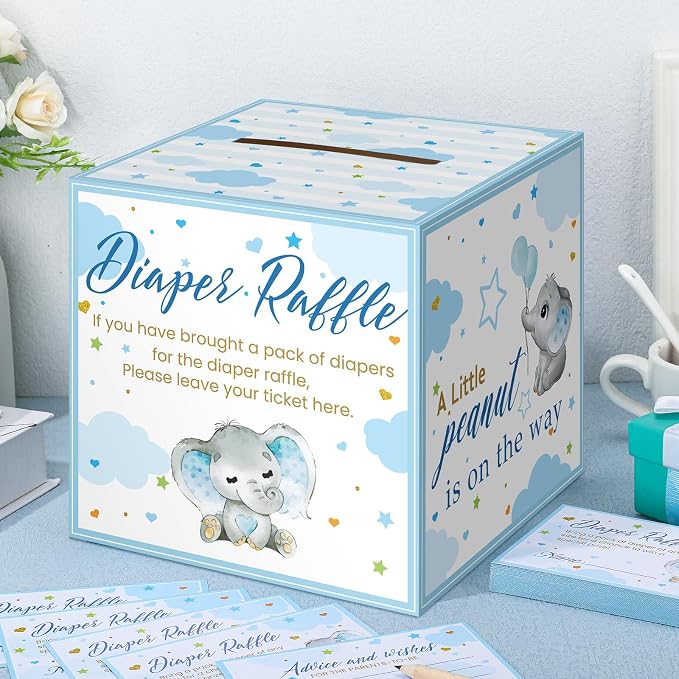 Teling 51 Pieces Diaper Raffle Tickets with Card Box Baby Shower Decorations Baby Shower Holder Box for Girl Boy Diaper Raffle Party(Blue Elephant)