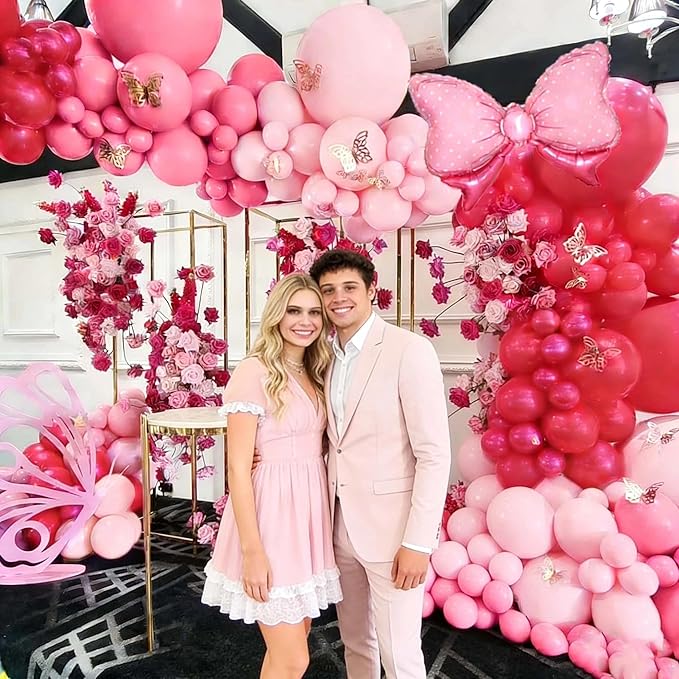 Pink Balloon Arch Kit Double Stuffed Peach Pink Bow Balloon Garland Foil Silver Balloons For Happy Birthday Baby Shower Bridal Shower Wedding Girls Women Theme Tea Party Decor